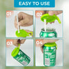 Four steps demonstrating how to use reusable silicone can lids with straws on a green and silver can.