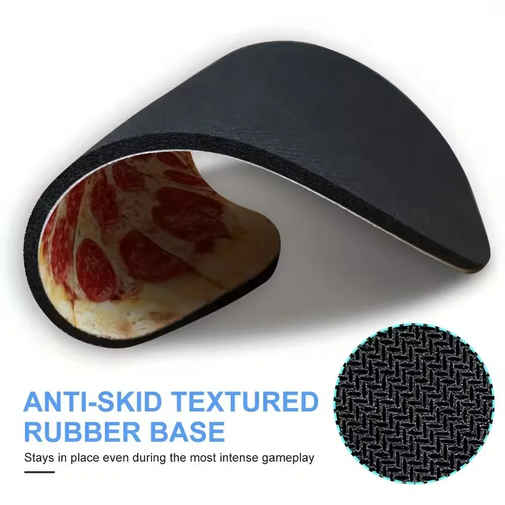 Black anti-skid textured rubber base mouse pad with a pizza pattern design