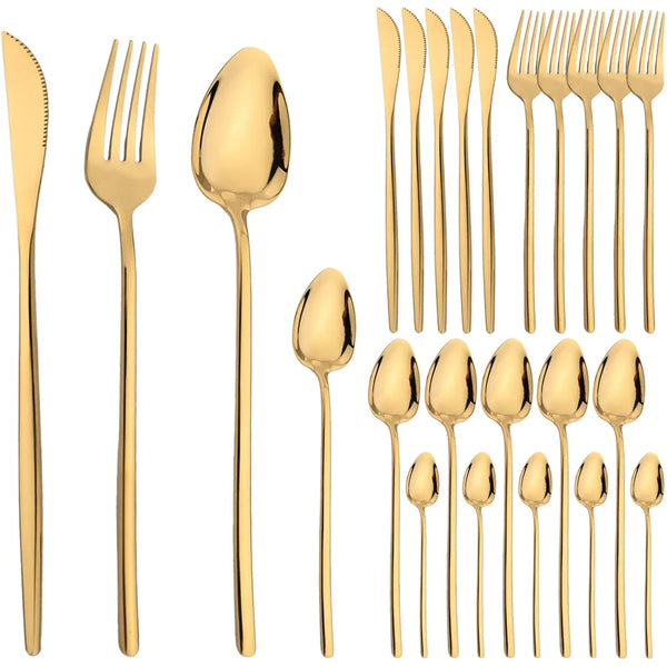 A set of gold-toned stainless steel dinnerware including a knife, fork, spoon, and various sizes of forks and spoons.