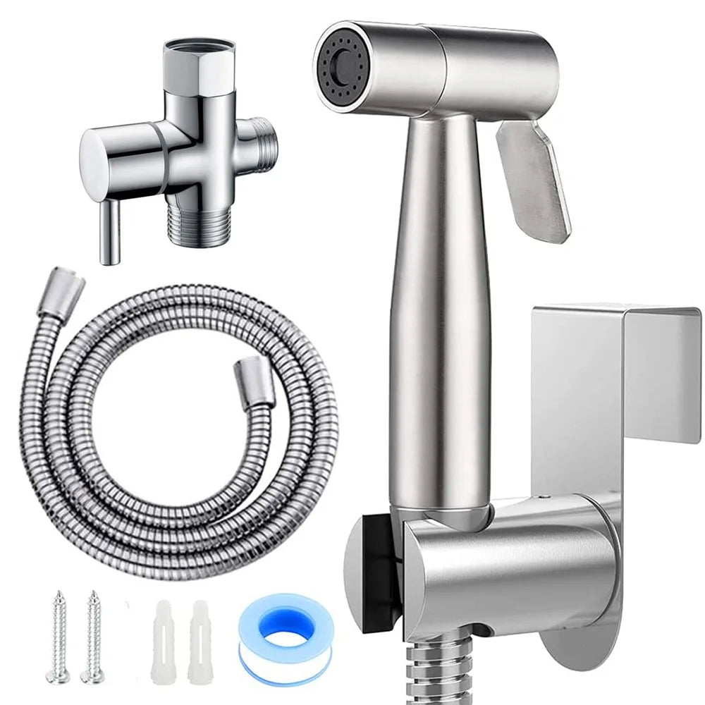 Stainless steel bidet sprayer set including a handheld spray, hose, and cleaning tools