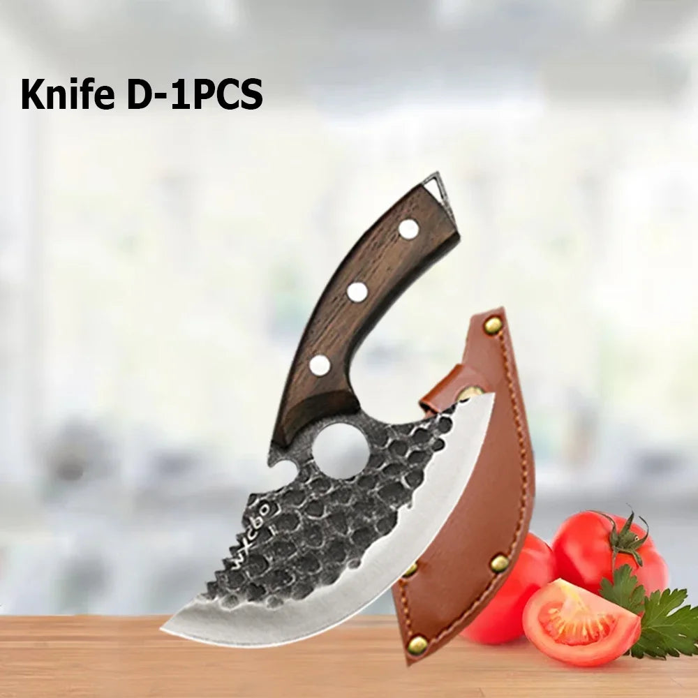 A forged chef knife with a wooden handle and serrated blade resting on a wooden surface next to fresh tomatoes.