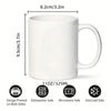 White reusable ceramic coffee mug with handle, safe for dishwasher, microwave, and hot/cold use.