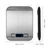 A silver portable digital kitchen scale shown from the front and side view.