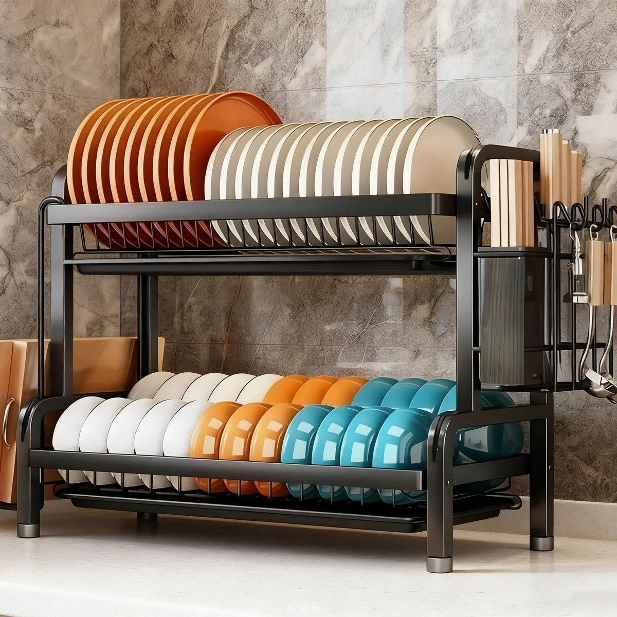 A black 3-tier vertical kitchen utensil dish rack holding various colored and striped bowls and plates.
