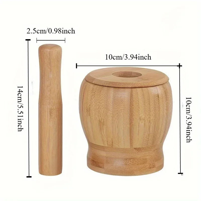 A natural light brown bamboo mortar and pestle set shown with dimensions.