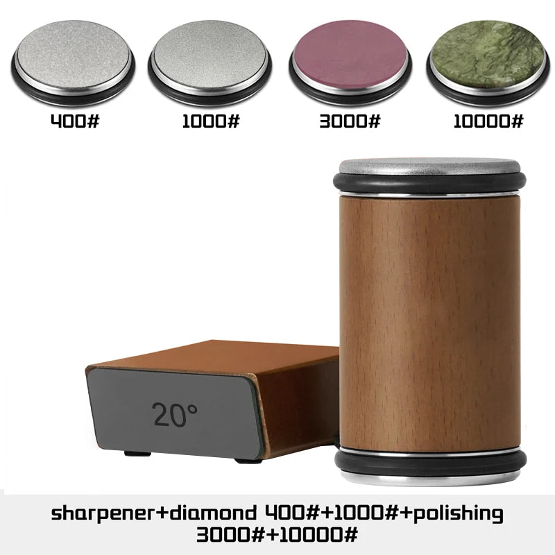 A set of diamond sharpening rollers with various grit levels and a wooden body for knife sharpening.