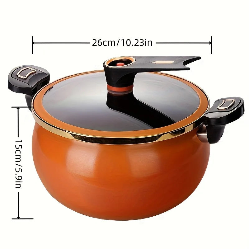 An orange non-stick pressure cooker with a black lid and handle, measuring 26cm in length and 15cm in height.