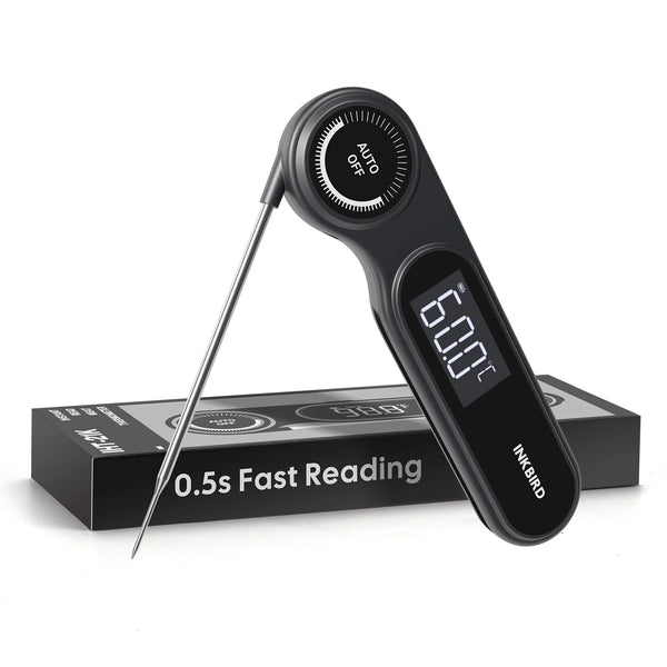 A black digital meat thermometer with an auto off button and a probe resting on its packaging.