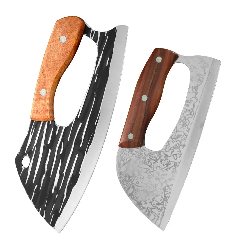 Hand-forged stainless steel chef knife with a black and white patterned blade and wooden handle