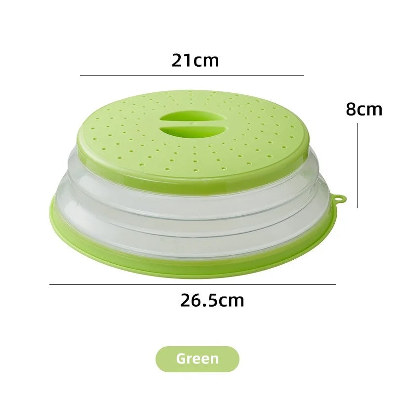 Tapa de microondas redonda de color verde claro con protector anti-salpicaduras y ventilación central.
