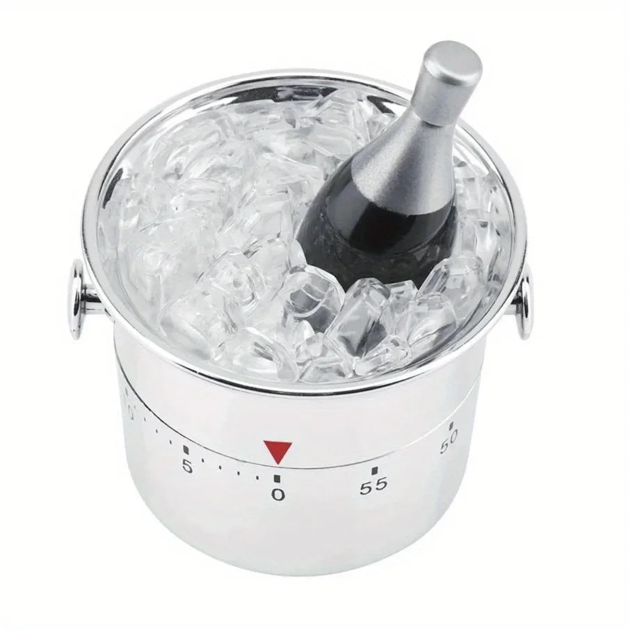 A silver mechanical kitchen cooking timer with a glass bowl filled with ice and a black pouring spout.