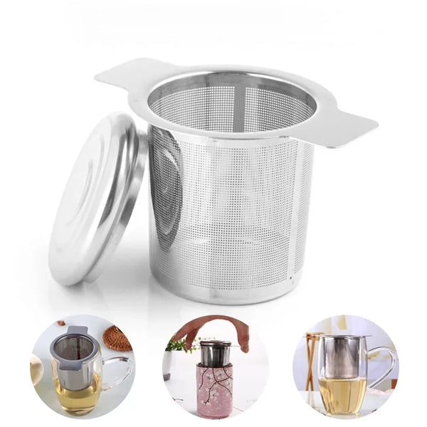 Stainless steel coffee filter funnel with lid shown in various angles and with coffee grounds.