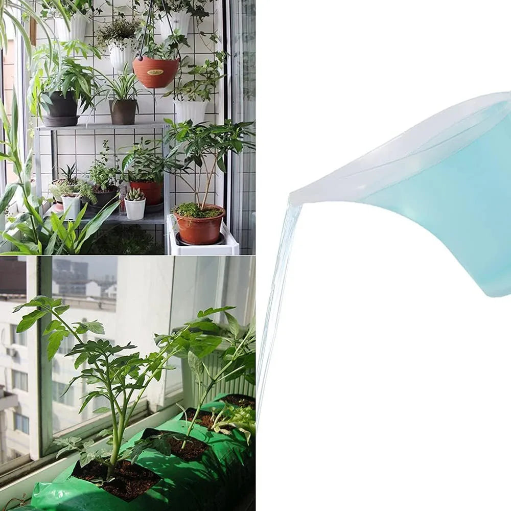 A clear plastic funnel pitcher is shown pouring water over potted plants.