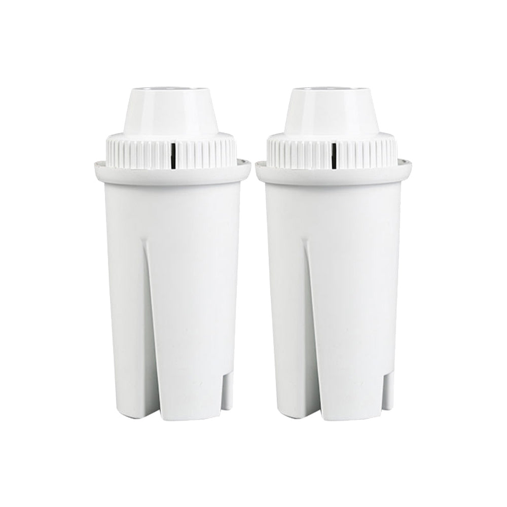 A pair of white replacement water filters for Brita pitchers and dispensers.