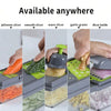 A set of multi-functional slicers and graters for vegetables, showing various slicing and grating techniques.