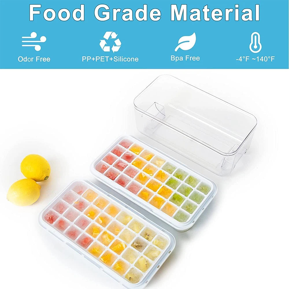 A clear plastic ice cube tray set with multiple colored ice cubes and a storage bin.