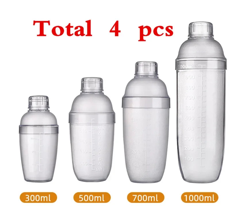 A set of four clear plastic cocktail shakers with volume markings ranging from 300ml to 1000ml.