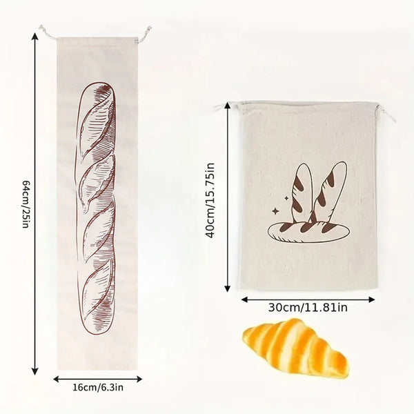 Beige Leinenbrotbeutel mit Schnur, जिसमें eine grafische Darstellung eines Brotes.