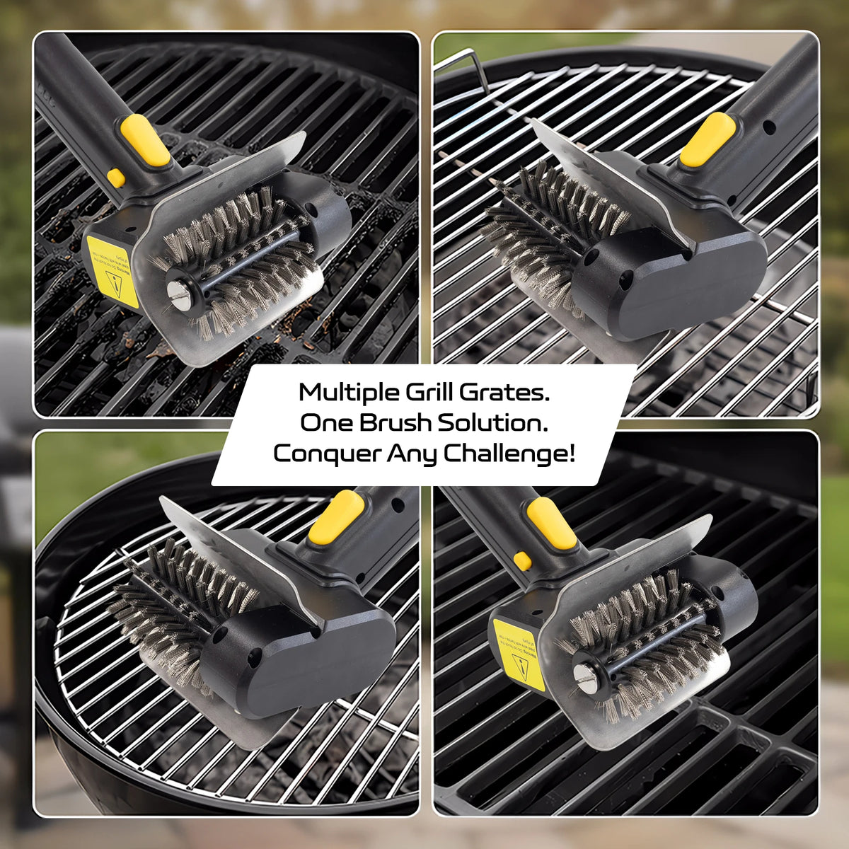 Multiple black and yellow electric grill grates cleaning brushes shown in various angles.