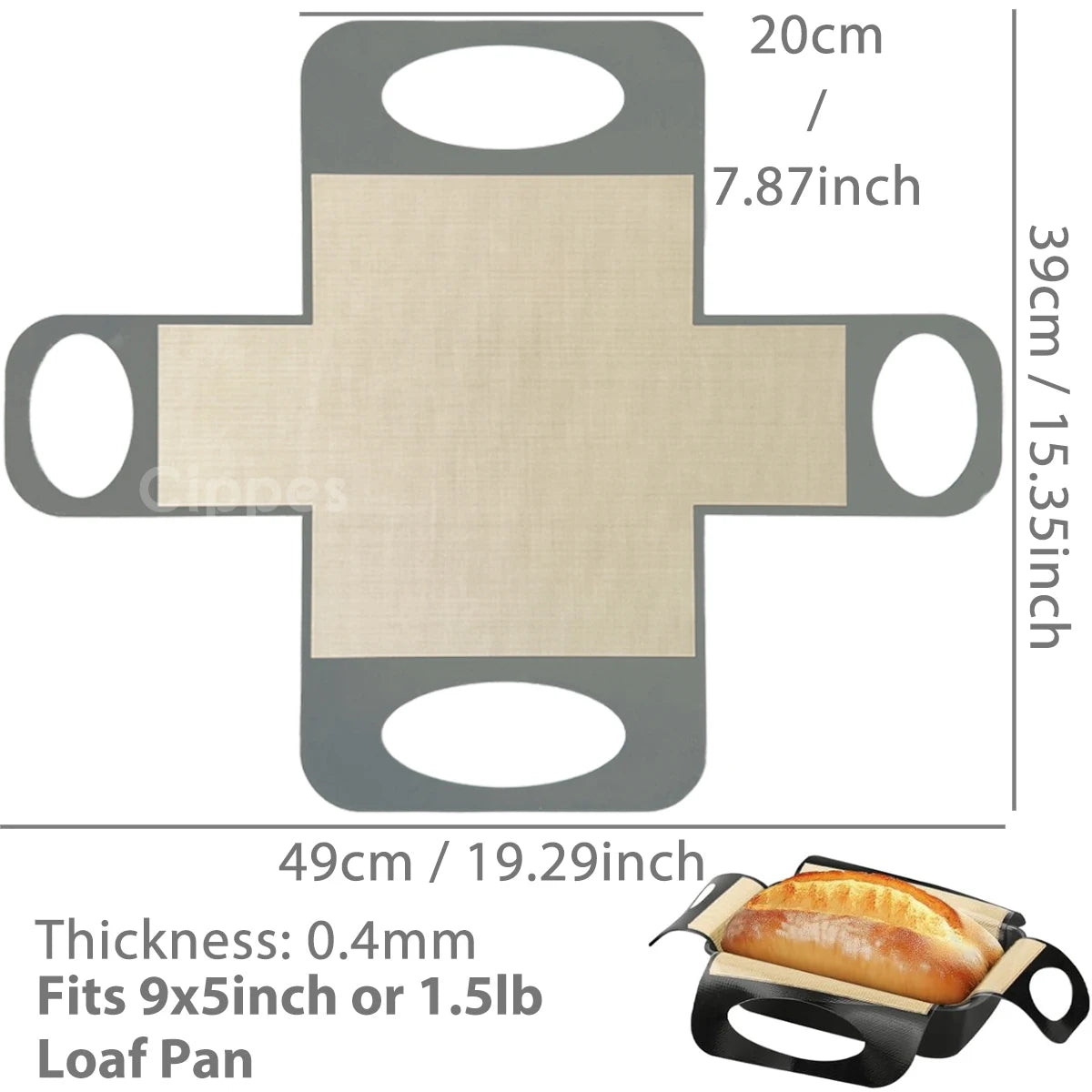A rectangular silicone loaf pan liner with a wooden-toned insert, measuring 20cm by 39cm.