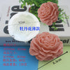 Pink silicone flower candle mold with a white wax candle inside and a pink silicone flower outside.