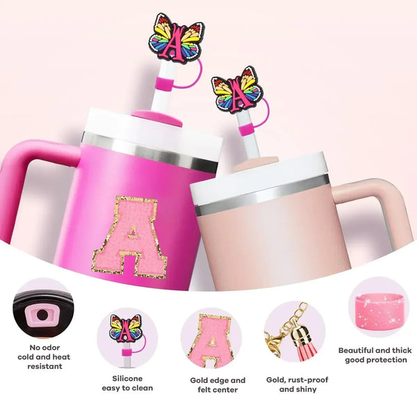 Set aus Silikon-Sprozenschutzdeckeln mit 'A'-Design und Schmetterling-Topper für Trinkbecher.