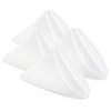 A set of four white polyester cloth napkins folded in a pyramid shape.