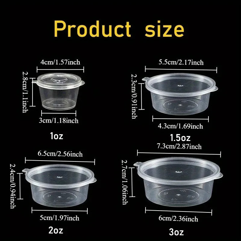 A comparison of various sizes of clear, leak-proof disposable sauce cups ranging from 1 oz to 3 oz.
