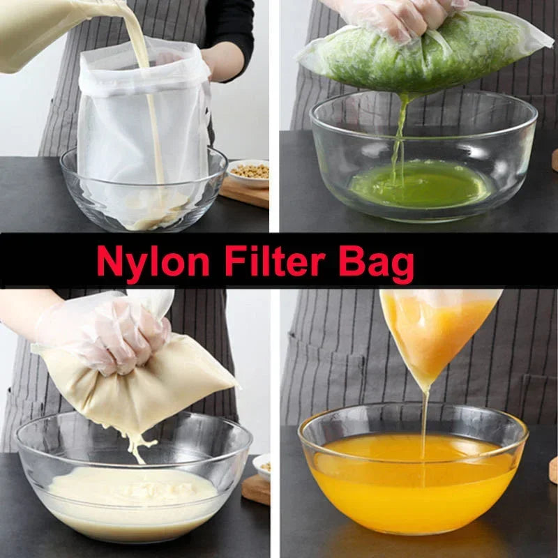 A nylon filter bag is used to strain liquid from a bowl into a glass, demonstrating a reusable fine mesh pour filter.