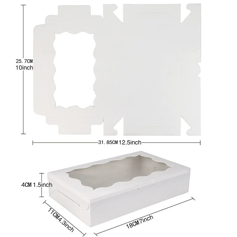 A white decorative kraft paper candy box with a lid and an insert, shown next to its flat dimensions.