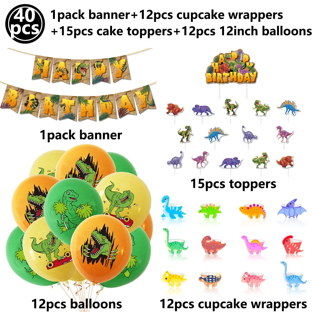 A set of dinosaur cake toppers, banner, balloons, and cupcake wrappers for a party.
