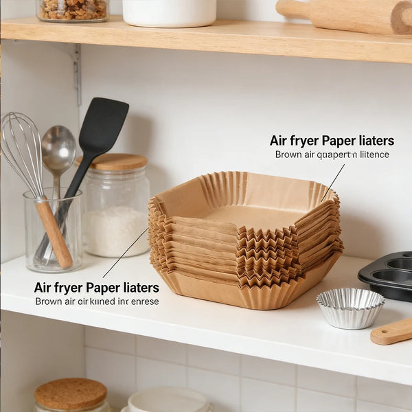 Braunes Airfryer-Papier-Liner in verschiedenen Formen auf einer Küchenablage