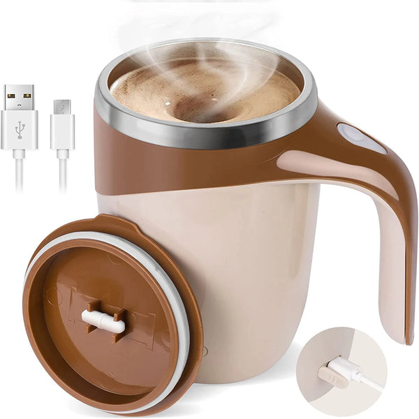 Beige elektrische magnetische Stirnmug mit braunem Deckel und Ladekabel.