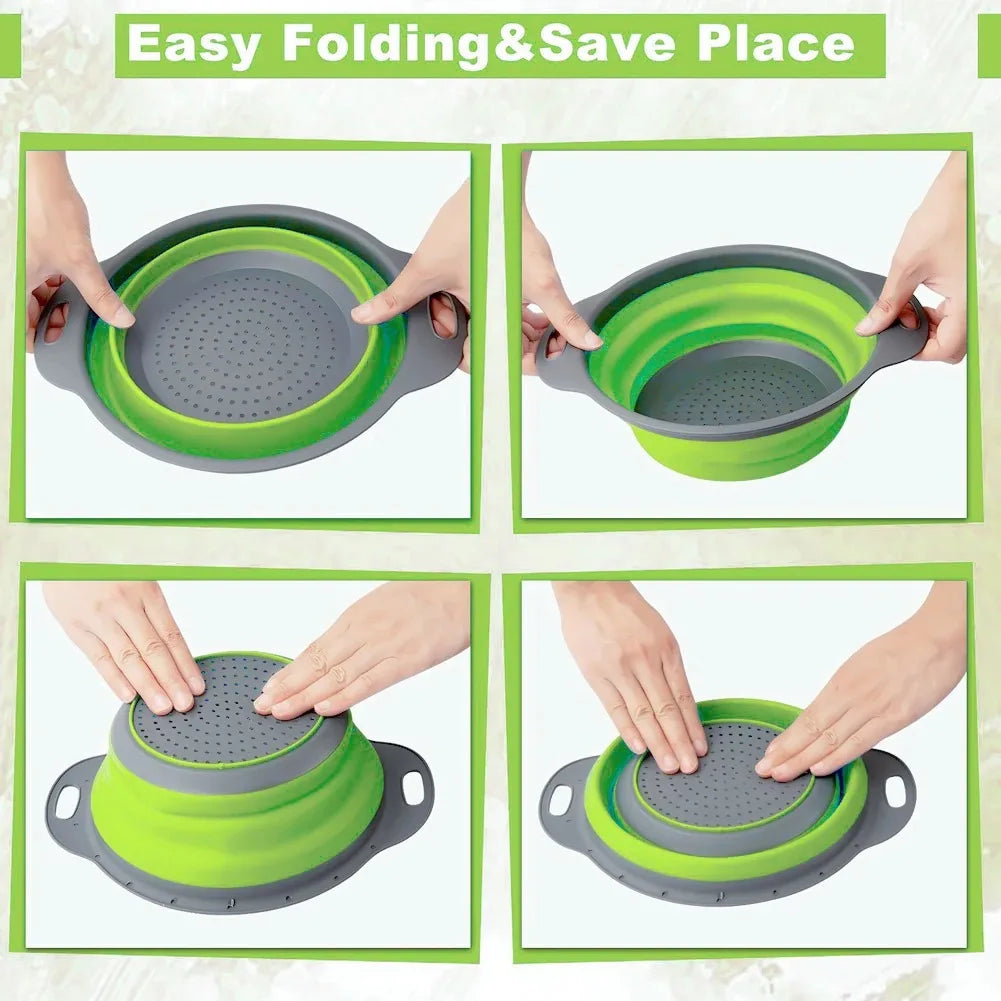 Hands demonstrate the easy folding and saving space feature of a silicone drain basket in green and gray.