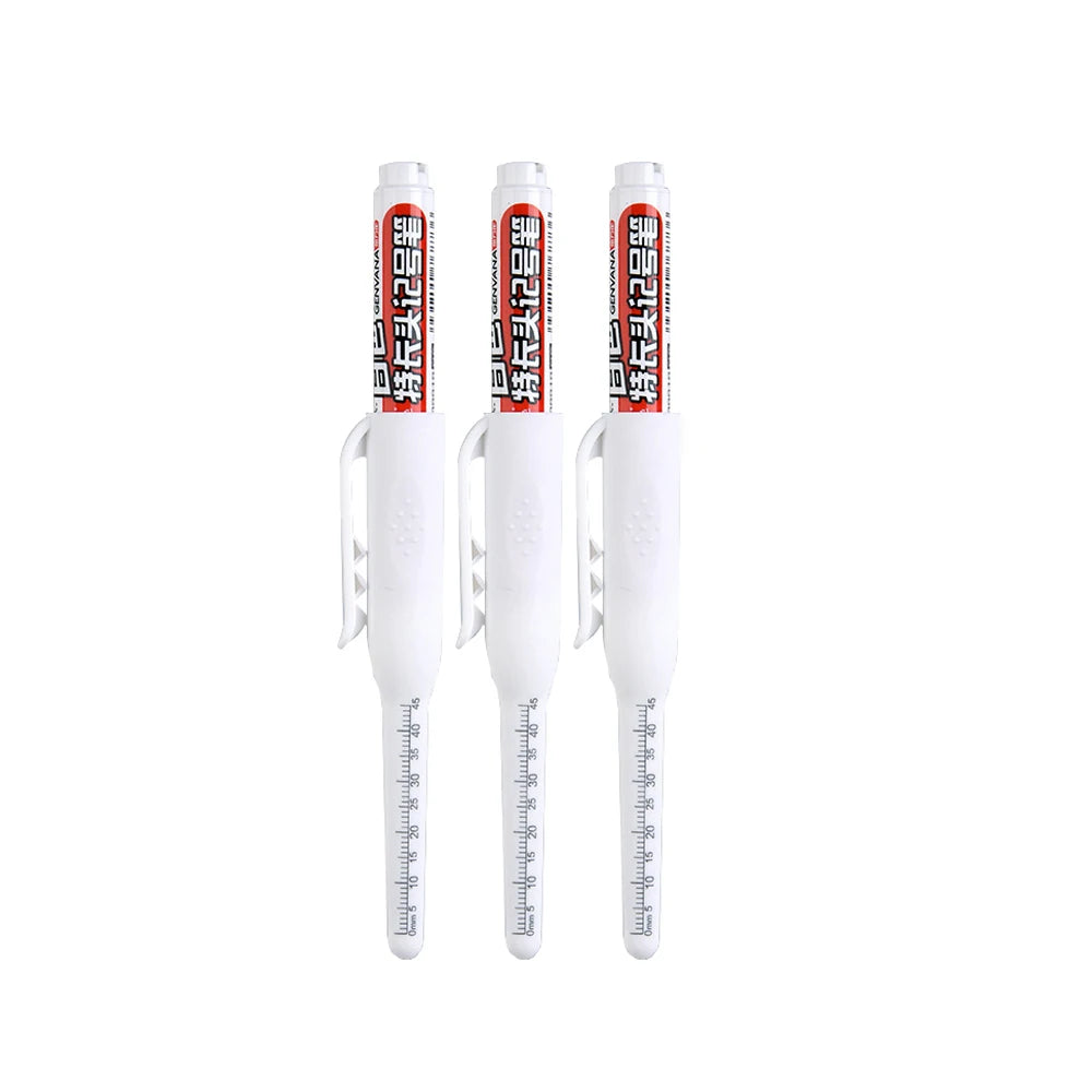 Three white precision deep hole marker pens with red text labels and measurement scales.