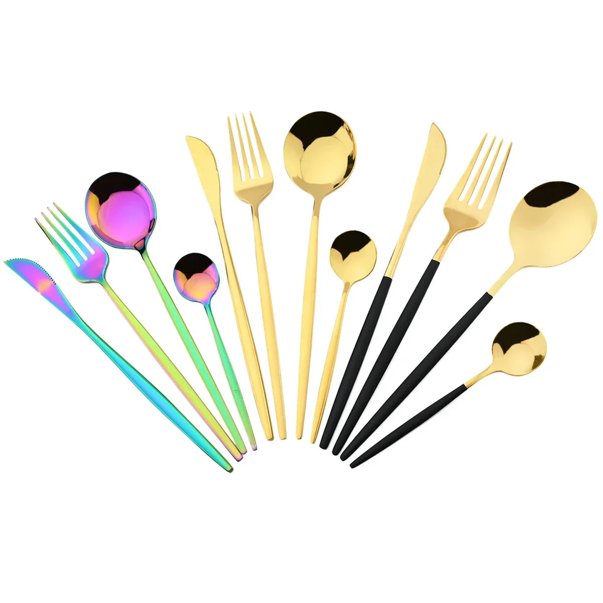 A set of six gold and rose gold stainless steel cutlery pieces including forks, knives, and spoons.