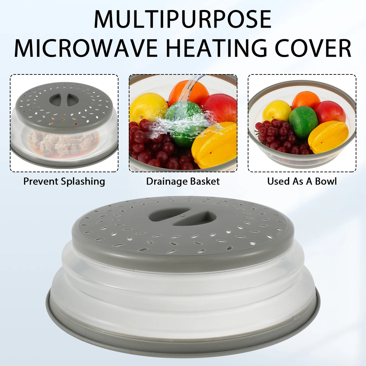 A gray multipurpose microwave heating cover shown with various uses like a drainage basket and bowl.