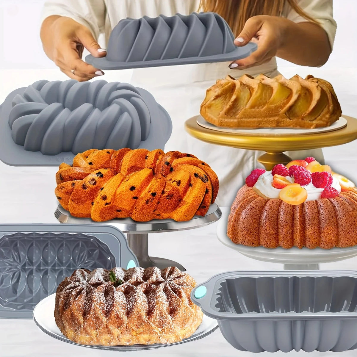 A silicone baking set featuring various molds for cakes and muffins, including a large fluted mold and individual muffin cups