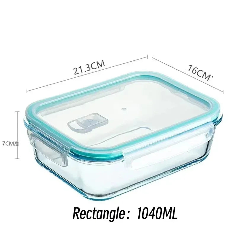 Clear rectangular airtight glass lunch container with a lid and measurements shown.