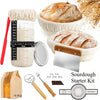 A sourdough starter kit showing a loaf of bread, a wooden paddle, and various tools for baking.
