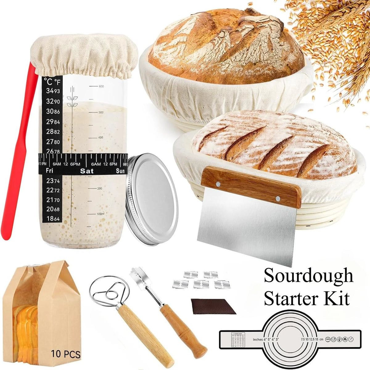 A sourdough starter kit showing a loaf of bread, a wooden paddle, and various tools for baking.