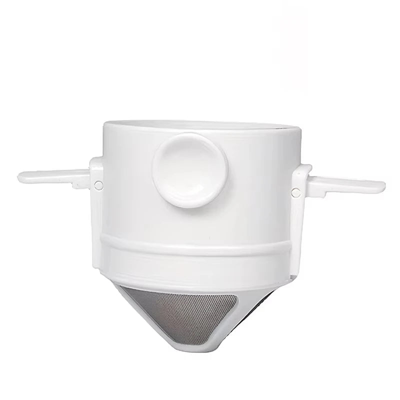 Filtro de café de acero inoxidable plegable y blanco con fondo perforado.