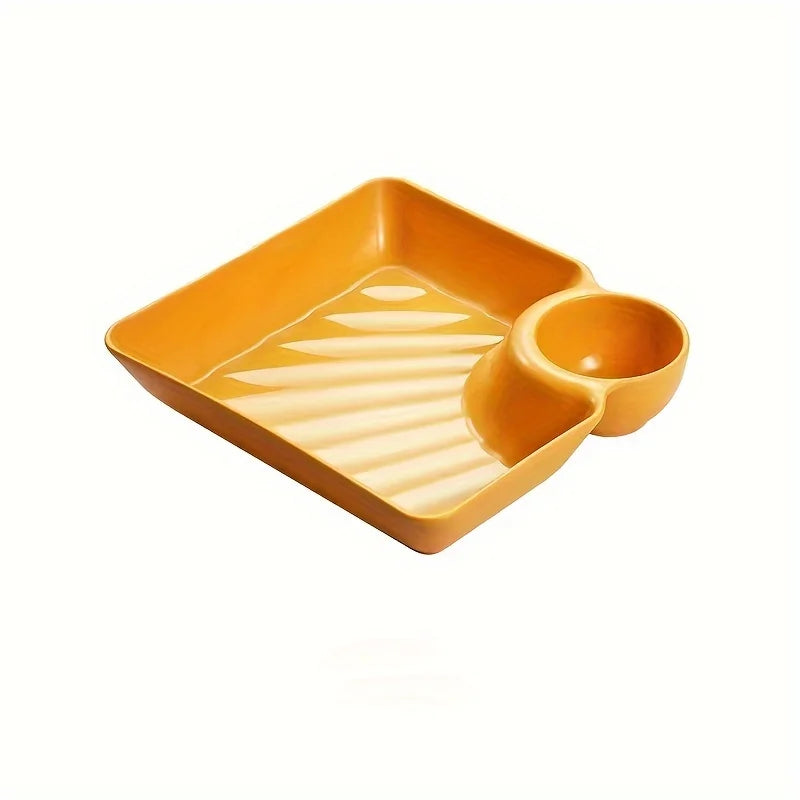 An orange serving tray with a rectangular dish and a small bowl section for appetizers.