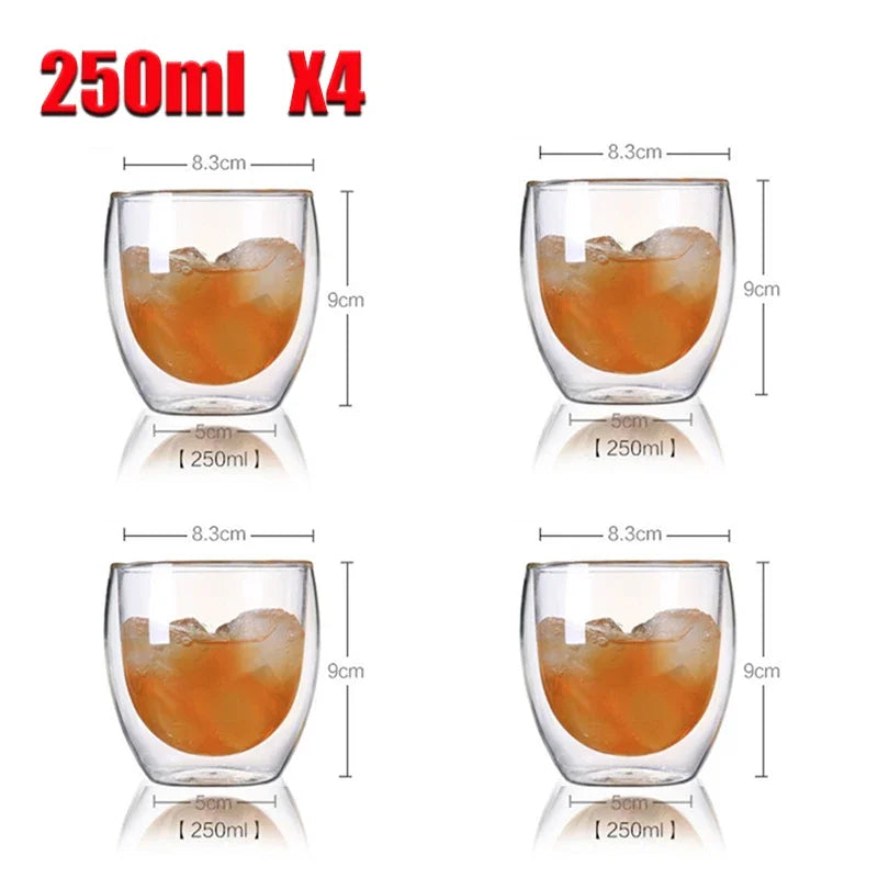 Set of four 250ml borosilicate glass mugs with orange-colored liquid inside