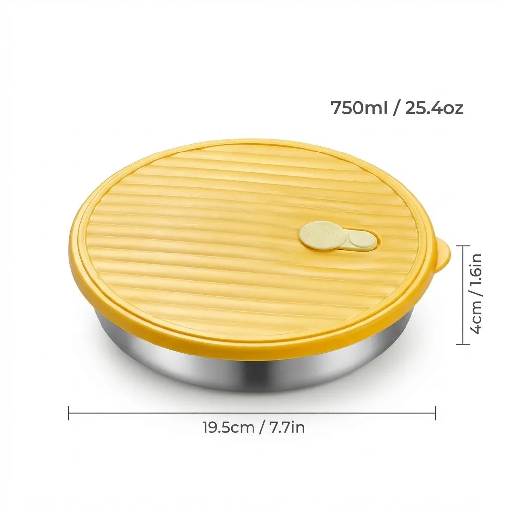 A yellow lidded container with a silver base, measuring 750ml or 25.4oz.