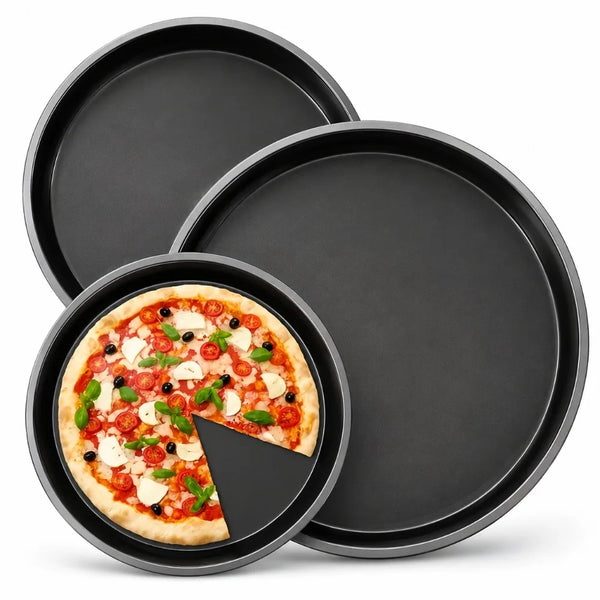 A set of three black carbon steel nonstick pizza pans, including one pan with a sliced pizza.