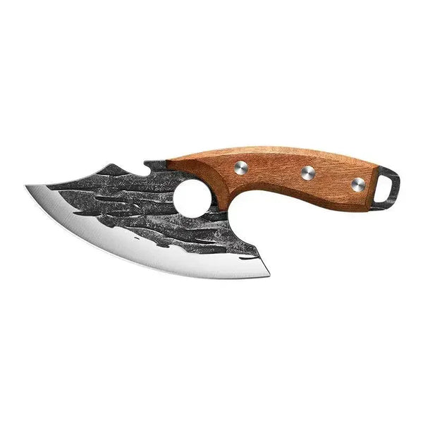 Handgeschmiedetes Edelstahl-Fleischschnittmesser mit Holzgriff und dunkler, strukturierter Klinge.