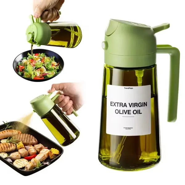 Gründe Flasche zum Abfüllen von Olivenöl, grün und zweifach, mit Öl und kleinen Glasflasche