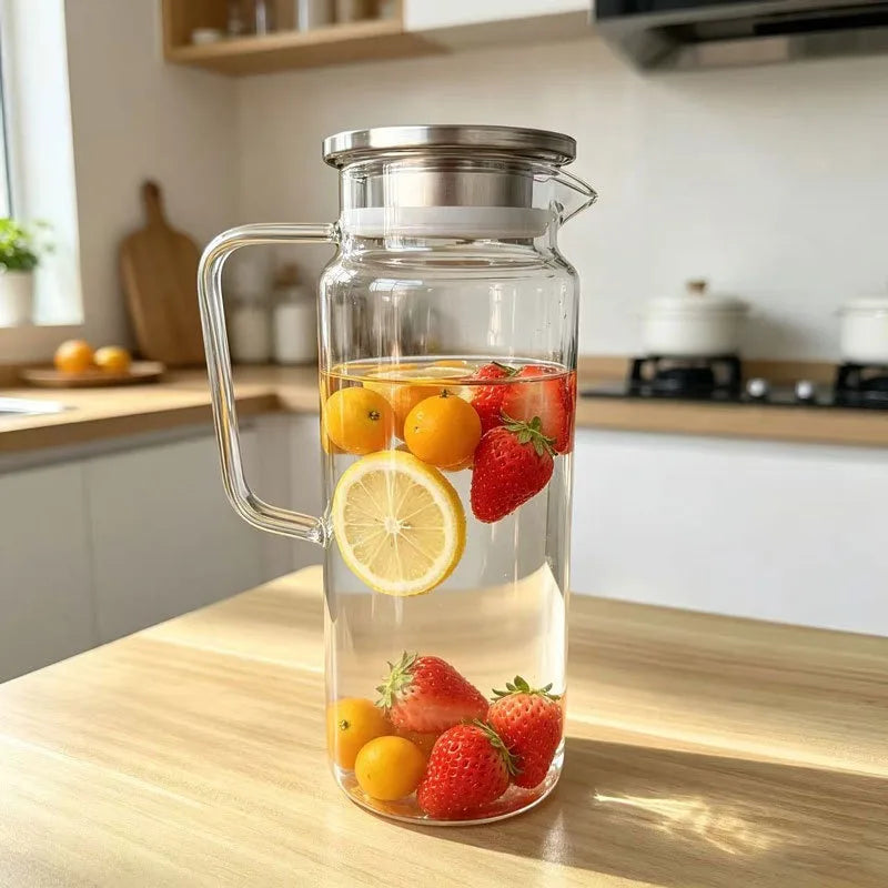 A clear glass water jug filled with fresh fruit including oranges and strawberries on a wooden table.