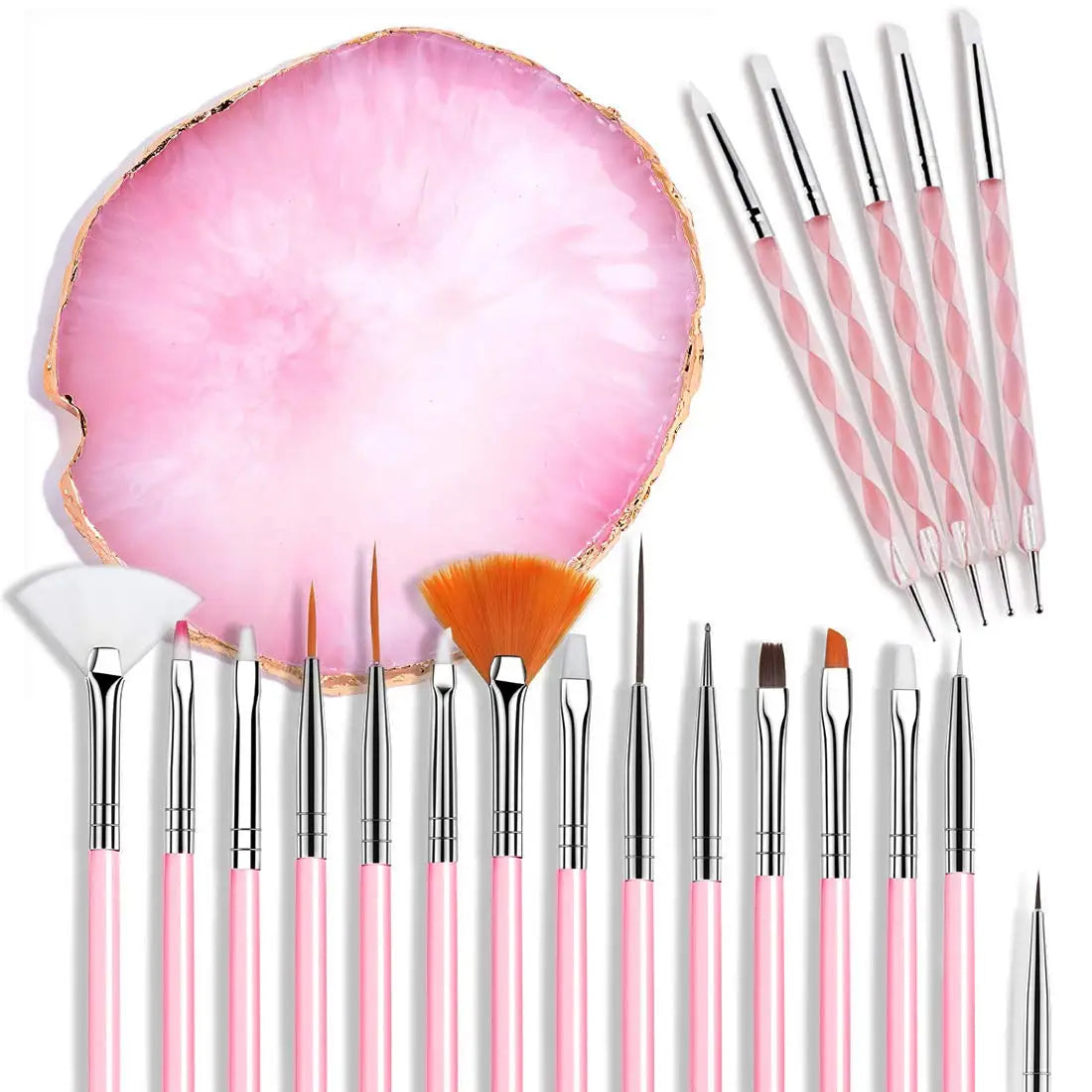 A set of professional nail art brushes in pink and white, including dotting tools and a palette.
